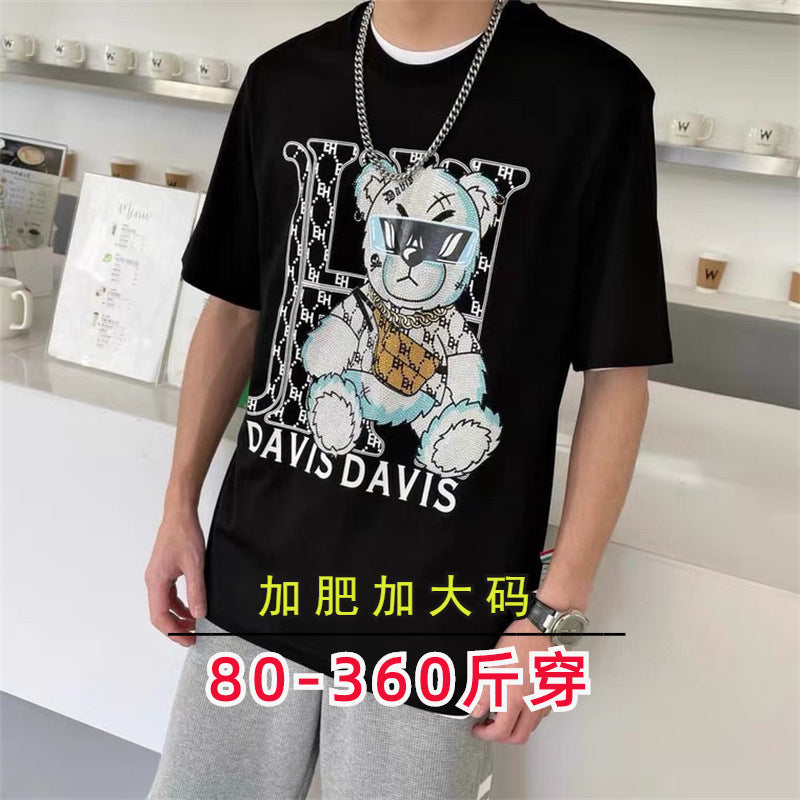 Xs-9Xlpp Printed Rhinestone H Bear Cartoon Short-Sleeve T-Shirt for Big and Tall Individuals, Casual Round Neck, Breathable, Trendy, Lightweight Style