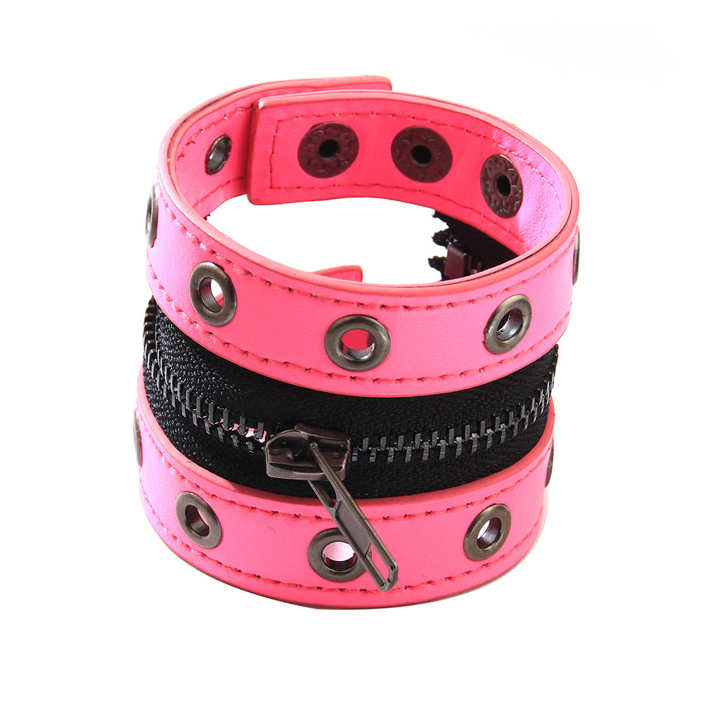 New Foreign Trade European and American Rivet Chain Punk Jewelry Cowhide Bracelet Women's Round Hole Middle Zipper Wide Leather Jewelry