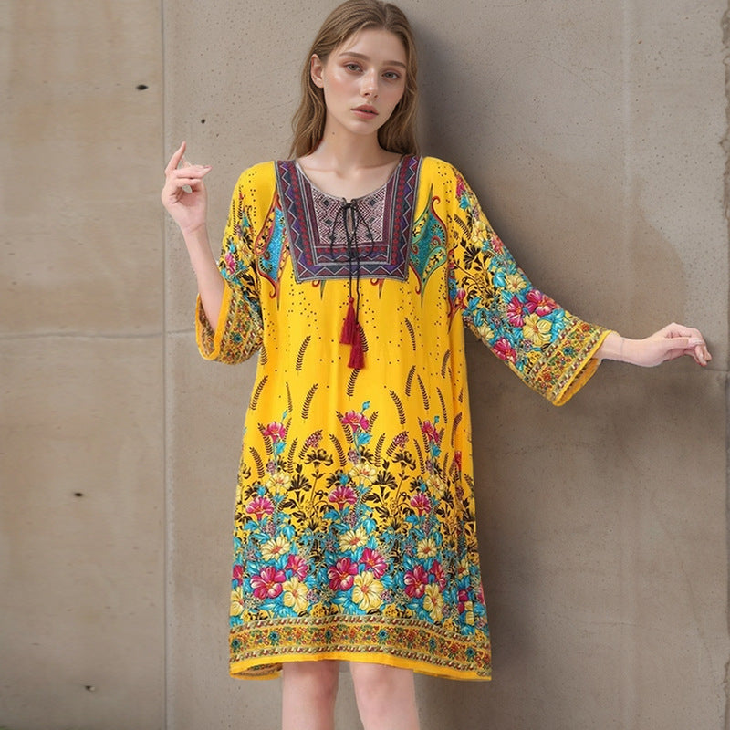 Summer Cross-Border Women's Cotton Silk Floral Dress Women's Ethnic Style Skirt Retro Thai Style Mother's Dress Women's Skirt