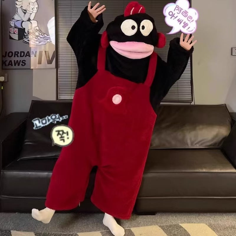 Cute Cartoon Funny Ugly Fish Hanton Couple Pajamas for Men and Women Winter Sand Sculpture Thickened Coral Fleece Home Clothes