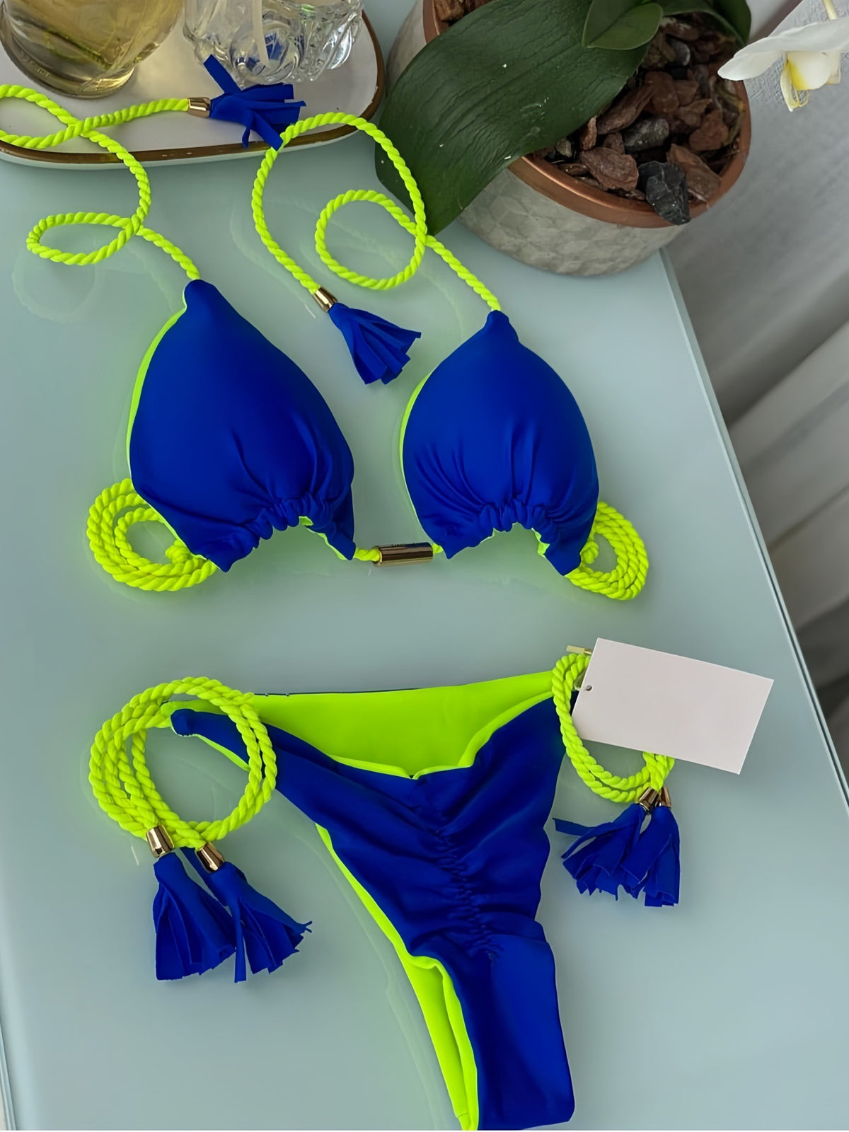 2025 new solid color fabric rope bikini triangle swimsuit Amazon European and American swimsuit in stock