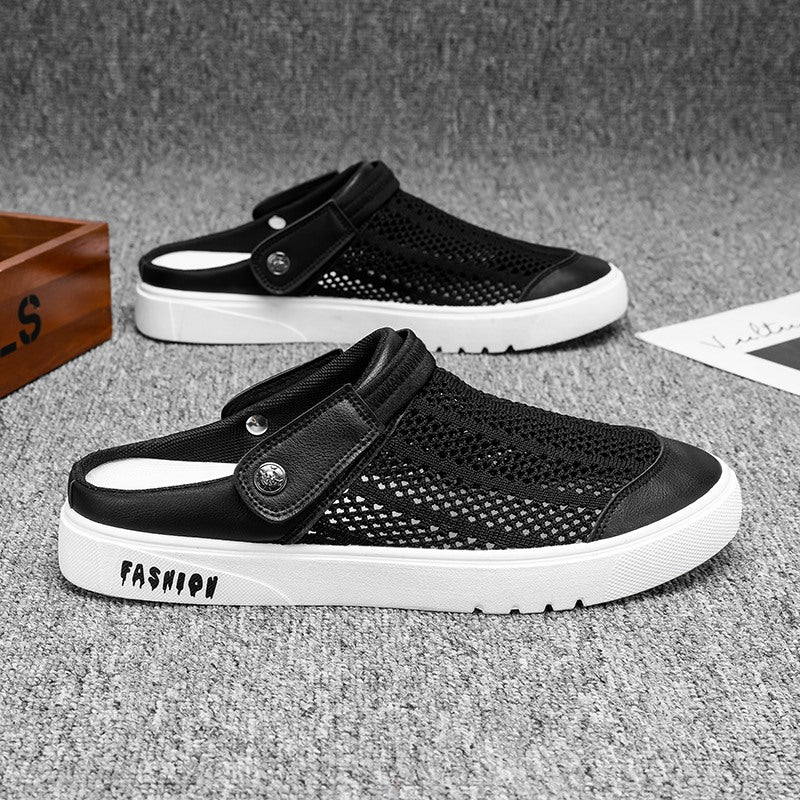 Canvas Shoes Men's Half-Slip Summer Mesh Breathable Trendy Casual Thin Toe-Toe Heelless Lazy Slip-On Trendy Shoes