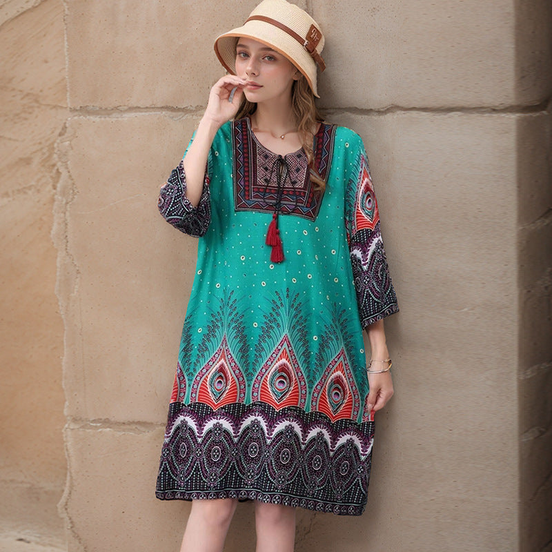 Summer Cross-Border Women's Cotton Silk Floral Dress Women's Ethnic Style Skirt Retro Thai Style Mother's Dress Women's Skirt