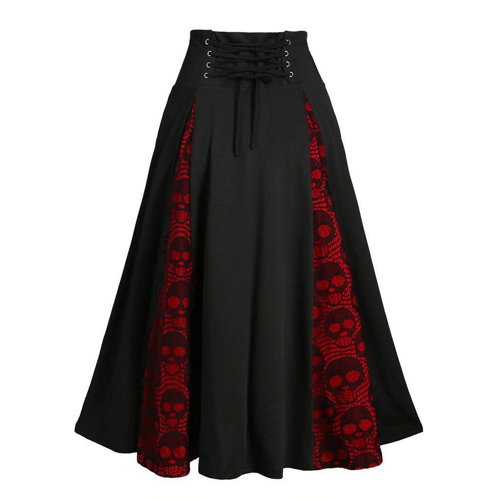 European and American New Lace-up Waist Skirt Halloween Skull Skull Lace Stitching Button Dress