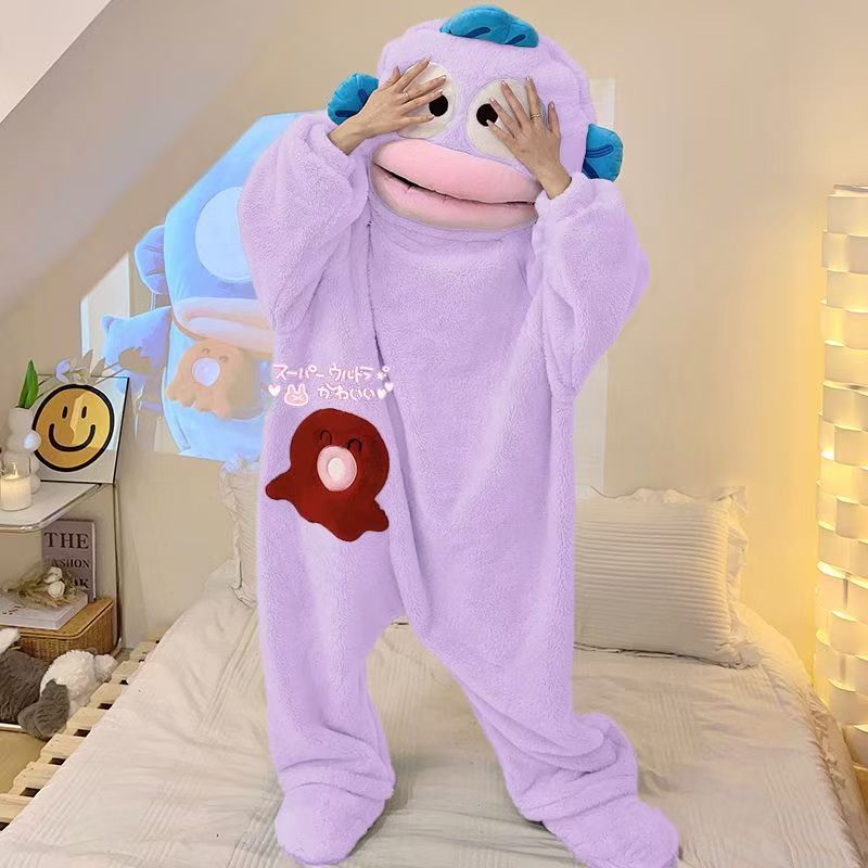 Cute Cartoon Funny Ugly Fish Hanton Couple Pajamas for Men and Women Winter Sand Sculpture Thickened Coral Fleece Home Clothes