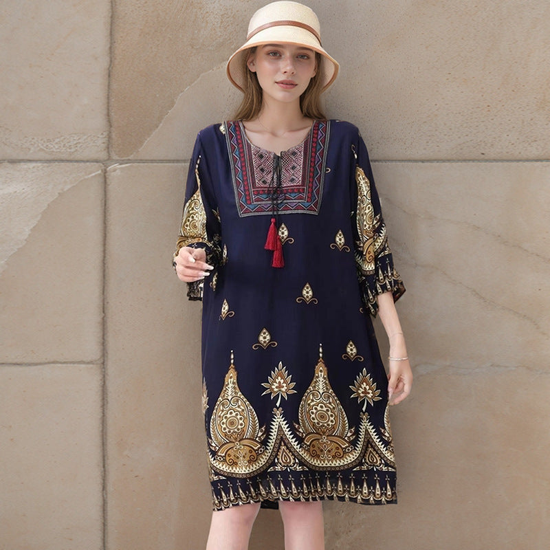 Summer Cross-Border Women's Cotton Silk Floral Dress Women's Ethnic Style Skirt Retro Thai Style Mother's Dress Women's Skirt