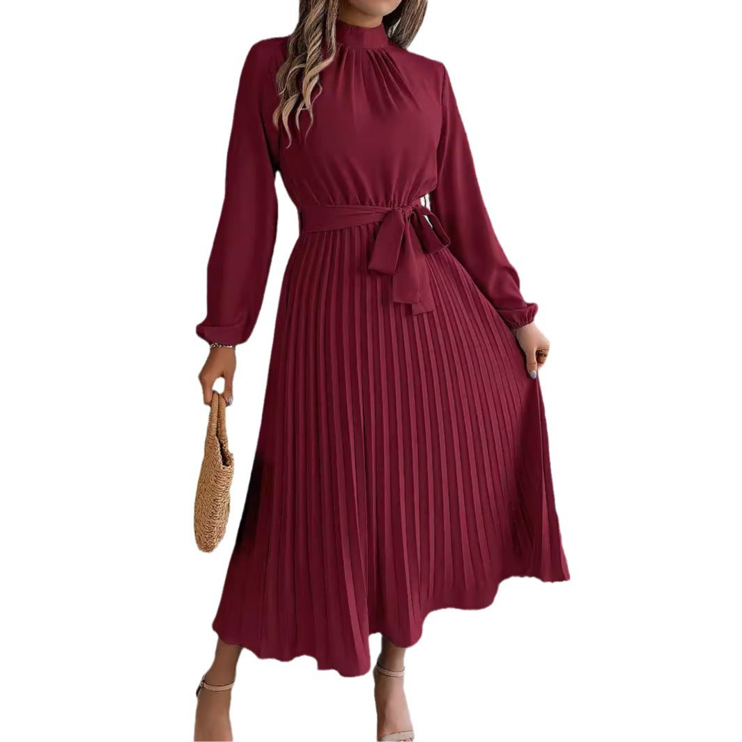 2026 European and American Spring/Summer Elegant Stand Collar Long Sleeve Waist-Cinched Pleated Long Dress Mini Dress Amazon Cross-Border Women's Clothing
