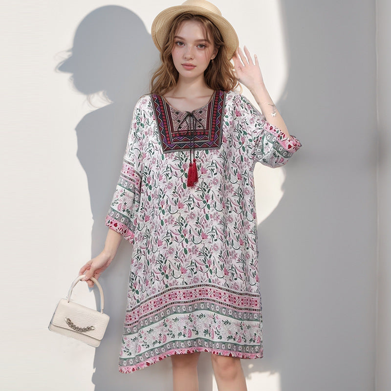 Summer Cross-Border Women's Cotton Silk Floral Dress Women's Ethnic Style Skirt Retro Thai Style Mother's Dress Women's Skirt