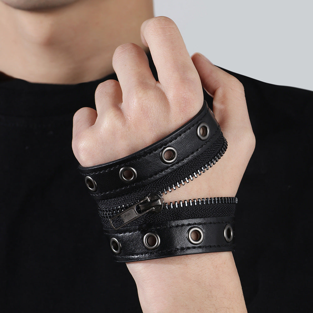 New Foreign Trade European and American Rivet Chain Punk Jewelry Cowhide Bracelet Women's Round Hole Middle Zipper Wide Leather Jewelry