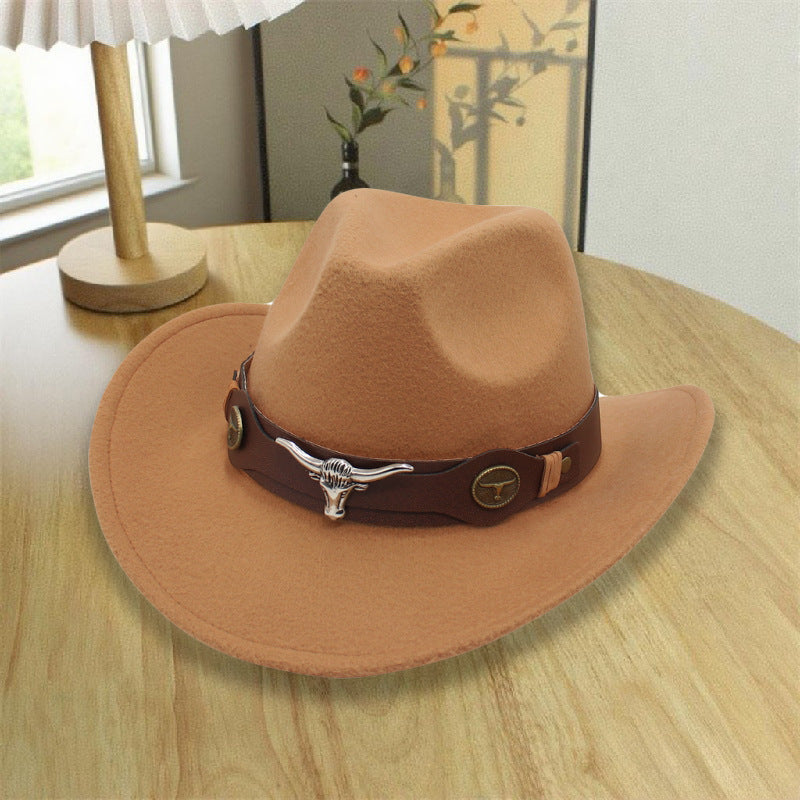 2026 New Style Western Cowboy Hat Ethnic Style Bull Logo Rolled Brim Vintage Riding Hat Large Brim Wool Felt Hat Trendy