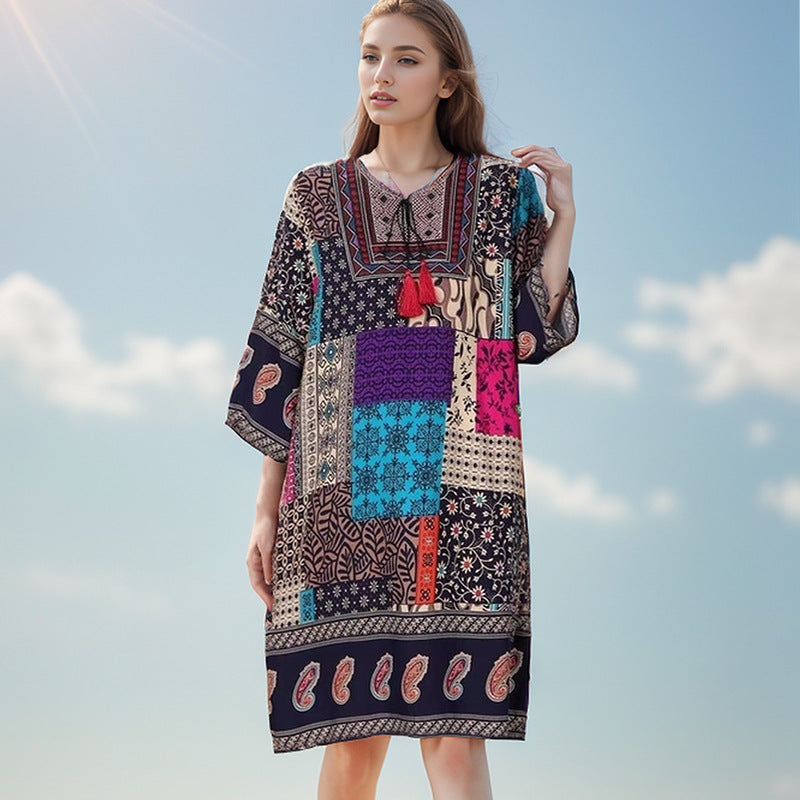 Summer Cross-Border Women's Cotton Silk Floral Dress Women's Ethnic Style Skirt Retro Thai Style Mother's Dress Women's Skirt