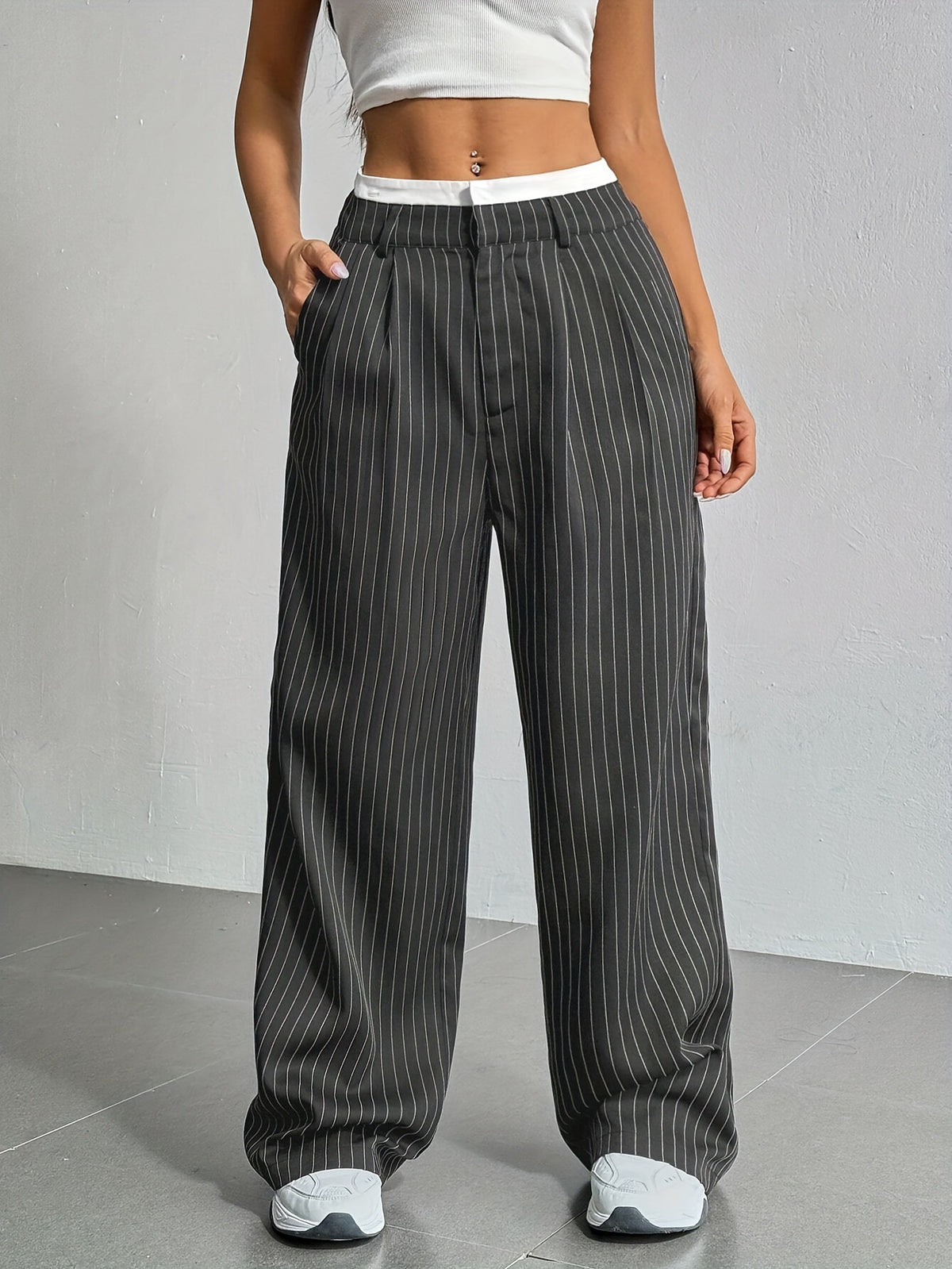2025 Cross-border Spring and Summer New Women's Trousers Fashion Casual High Waist Stitching Dosing Loose Straight Pants