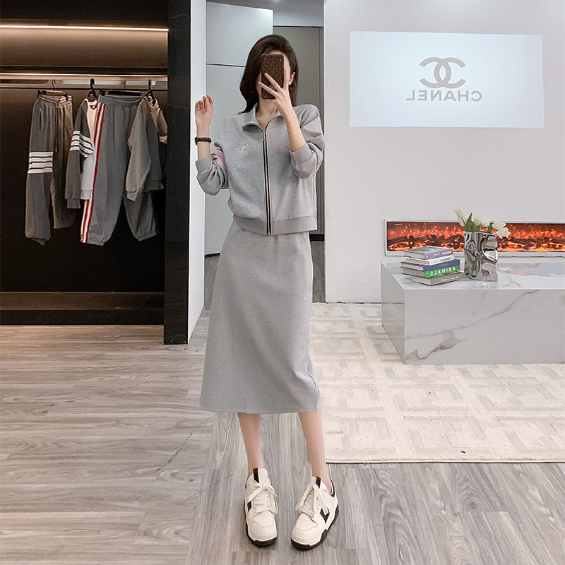 2025 Early Autumn Baseball Suit Women's Zipper Jacket with Mid-Length Skirt Fashionable Tall and Slim Big Long Leg suit Women