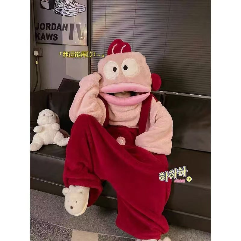 Cute Cartoon Funny Ugly Fish Hanton Couple Pajamas for Men and Women Winter Sand Sculpture Thickened Coral Fleece Home Clothes