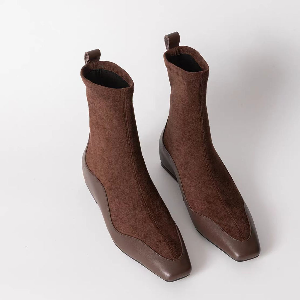 Korean Style Square Head Inner Height Increasing Thin Boots Women's 2024 Autumn and Winter New Leather Stitching Fashionable Simple All-match Socks Boots Women
