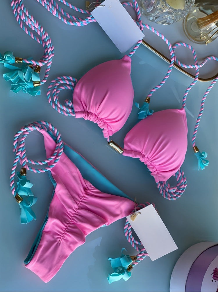 2025 new solid color fabric rope bikini triangle swimsuit Amazon European and American swimsuit in stock
