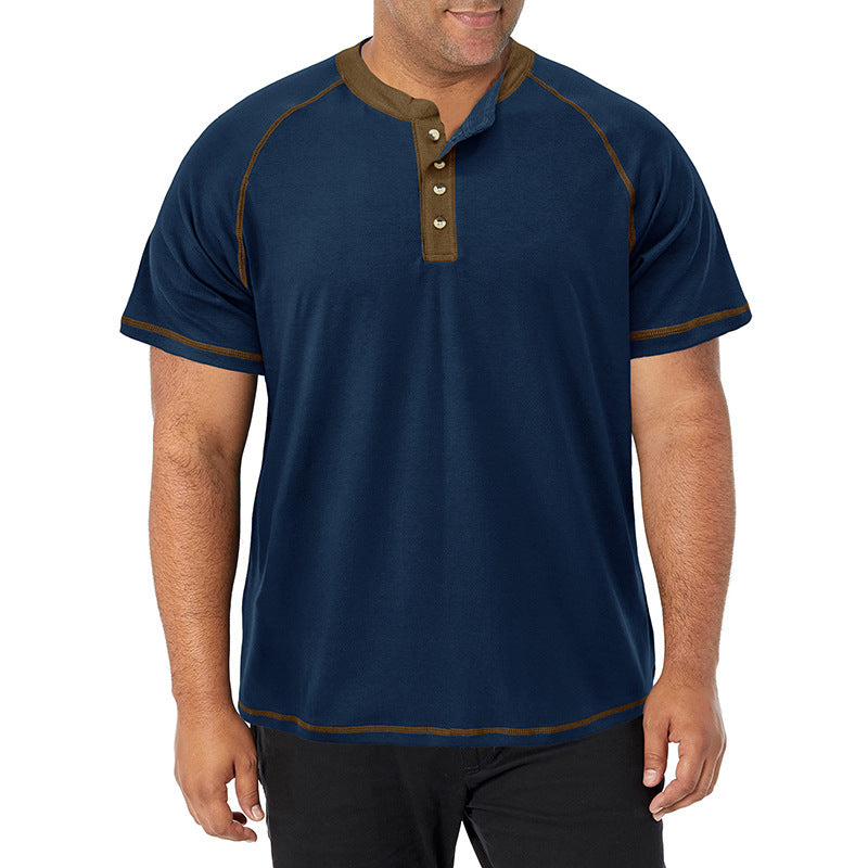 European and American Men's Tall Short-sleeved Heavyweight Henry Shirt Cross-border Large Size Men's Round Neck T-shirt Outdoor Basic Style