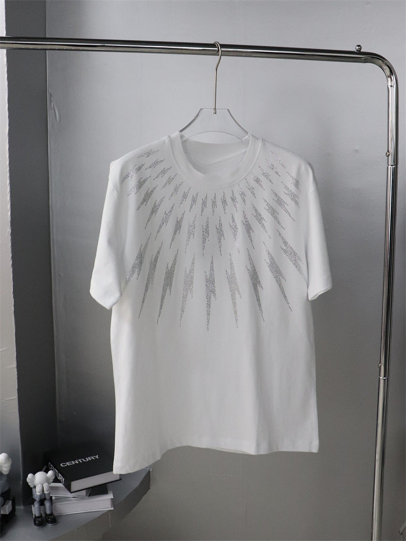 23 Large Edition Heavy-Duty Rhinestone Front and Back Lightning Design Unisex Loose Short-Sleeve T-Shirt Plus Size for Big and Tall Versatile Pure Cotton