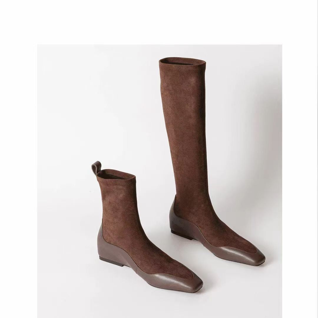 Korean Style Square Head Inner Height Increasing Thin Boots Women's 2024 Autumn and Winter New Leather Stitching Fashionable Simple All-match Socks Boots Women
