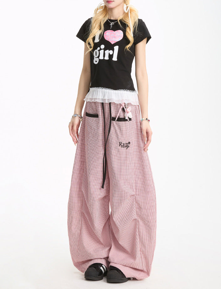 Neresm Summer Dopamine Pants Women Korean Style Plaid Pleated Cargo Pants Summer Lazy Drape Scimitar Pants