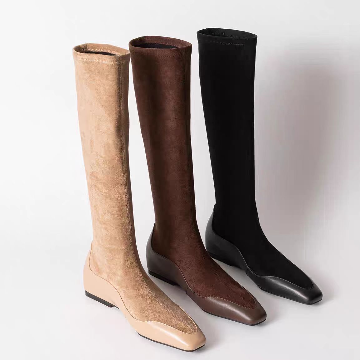 Korean Style Square Head Inner Height Increasing Thin Boots Women's 2024 Autumn and Winter New Leather Stitching Fashionable Simple All-match Socks Boots Women