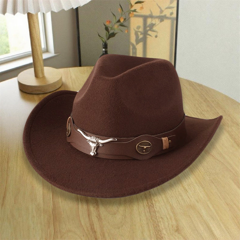 2026 New Style Western Cowboy Hat Ethnic Style Bull Logo Rolled Brim Vintage Riding Hat Large Brim Wool Felt Hat Trendy