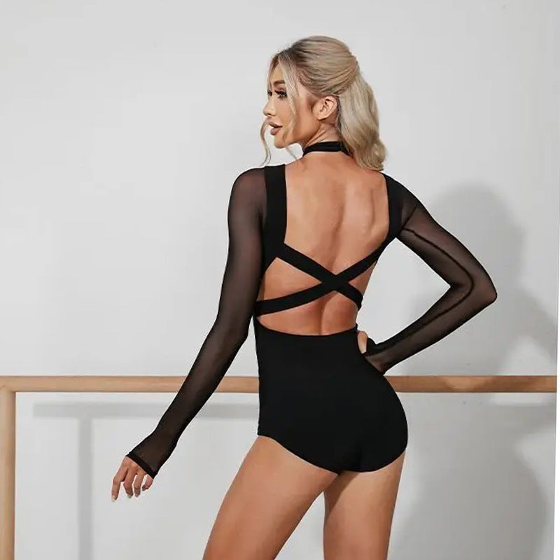 2025 spring and summer new mesh stitching jumpsuit European and American women's sexy stretch tight jumpsuit cross-border e-commerce