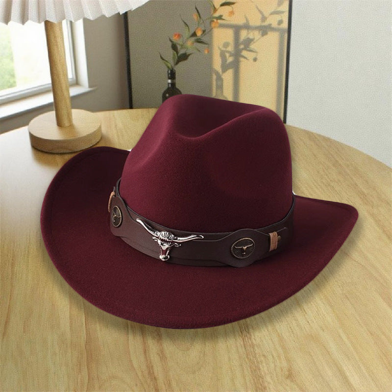 2026 New Style Western Cowboy Hat Ethnic Style Bull Logo Rolled Brim Vintage Riding Hat Large Brim Wool Felt Hat Trendy