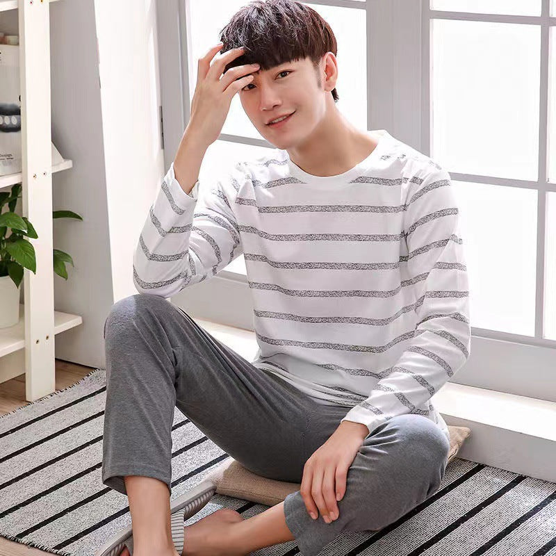 Pajamas for Men Spring & Fall Imitation Cotton Long-Sleeved Can Be Worn Outside All Seasons Casual Stripesd Plus Size Loose Men's Home Wear Set