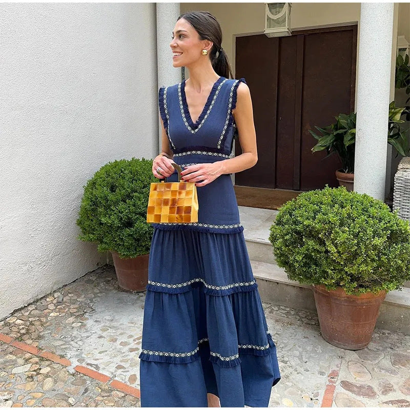 Cross-border European and American Women's AliExpress Retro Tassel Stitching Fashion V-neck Sleeveless High Waist Cheongsam dress