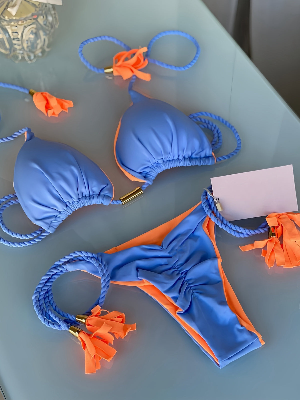2025 new solid color fabric rope bikini triangle swimsuit Amazon European and American swimsuit in stock