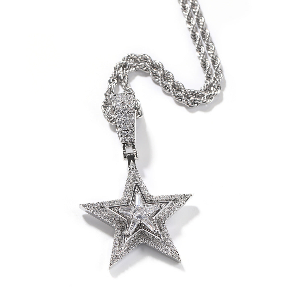 New European and American Style Hip-Hop Diamond-Encrusted Rotating Five-Pointed Star Pendant Necklace Amazon Hot-Selling Trendy Street Accessories