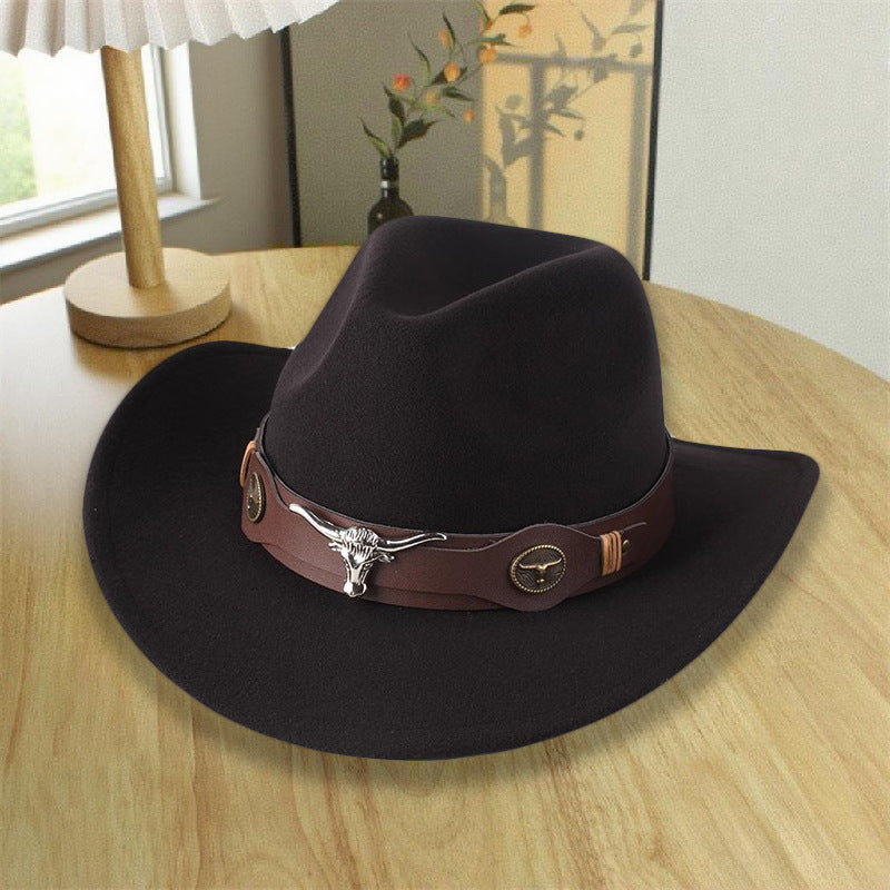 2026 New Style Western Cowboy Hat Ethnic Style Bull Logo Rolled Brim Vintage Riding Hat Large Brim Wool Felt Hat Trendy