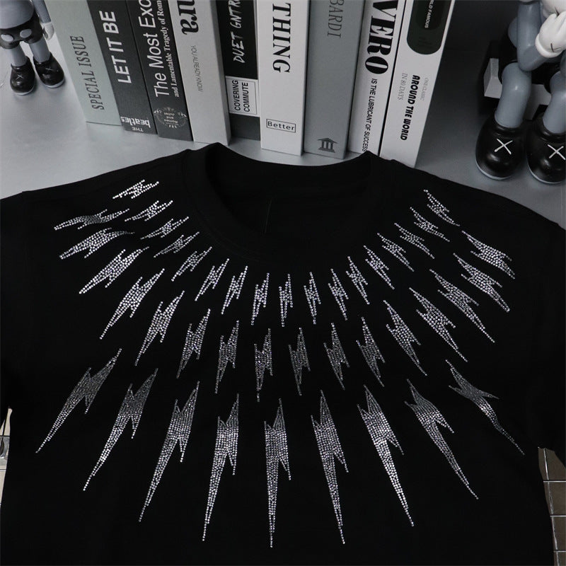 23 Large Edition Heavy-Duty Rhinestone Front and Back Lightning Design Unisex Loose Short-Sleeve T-Shirt Plus Size for Big and Tall Versatile Pure Cotton