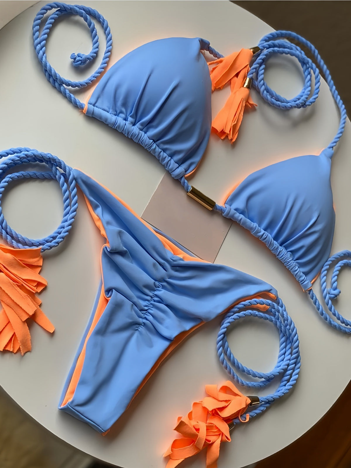 2025 new solid color fabric rope bikini triangle swimsuit Amazon European and American swimsuit in stock