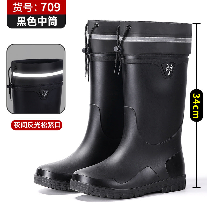 New High-Top Men's Drawstring Ankle Boots for Outdoor Use, Waterproof, Non-Slip, Long, Warm, Thickened Fishing Rubber Shoes