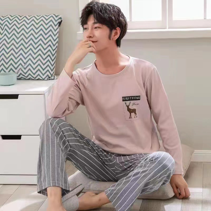 Pajamas for Men Spring & Fall Imitation Cotton Long-Sleeved Can Be Worn Outside All Seasons Casual Stripesd Plus Size Loose Men's Home Wear Set