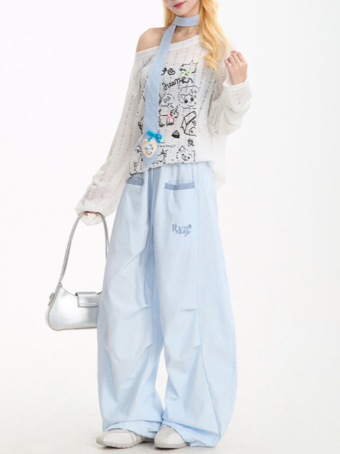 Neresm Summer Dopamine Pants Women Korean Style Plaid Pleated Cargo Pants Summer Lazy Drape Scimitar Pants