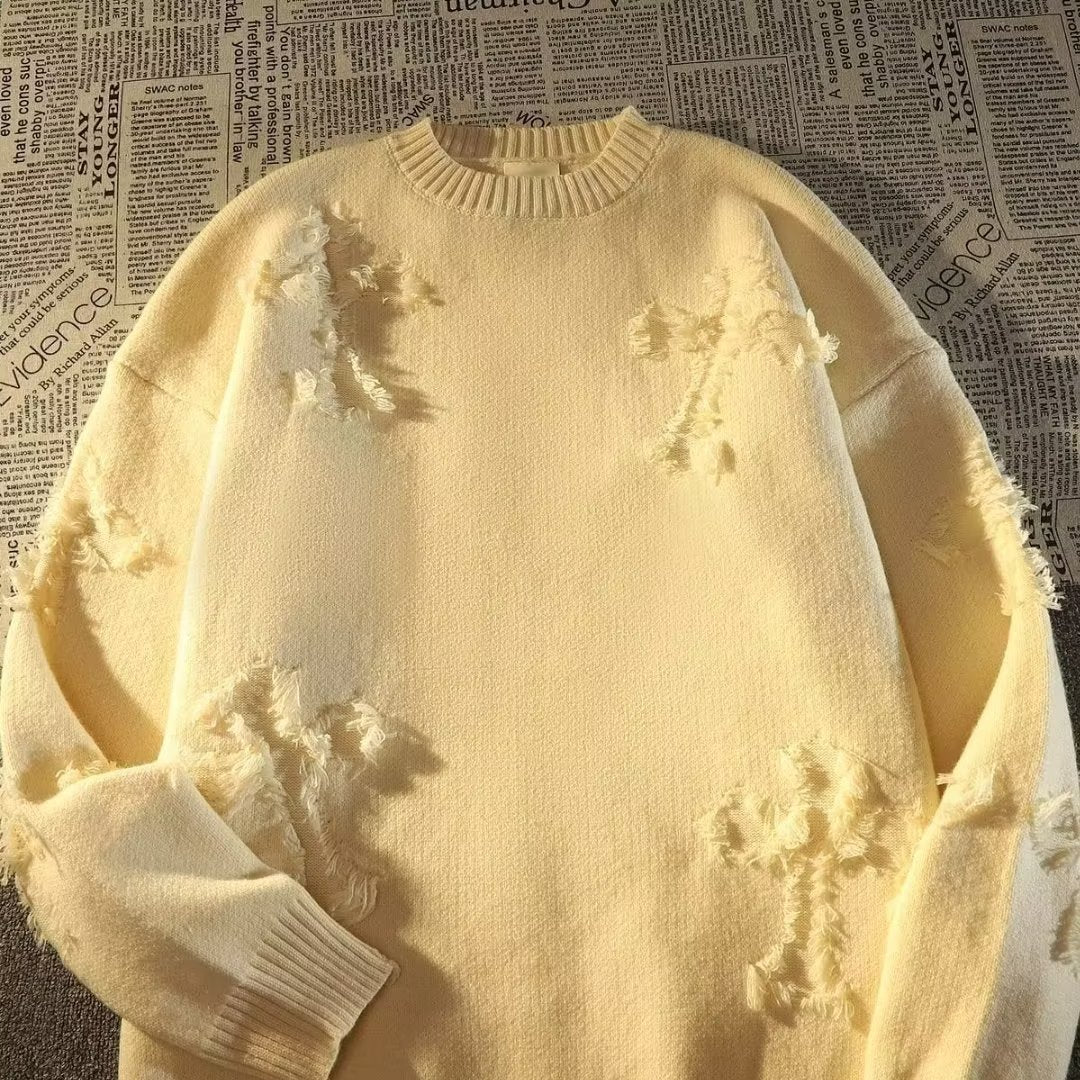 Autumn and Winter ripped sweater men's round neck pullover fashion brand High Street American Retro Japanese youth sweater