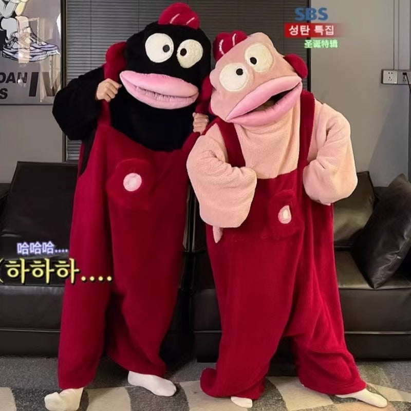 Cute Cartoon Funny Ugly Fish Hanton Couple Pajamas for Men and Women Winter Sand Sculpture Thickened Coral Fleece Home Clothes