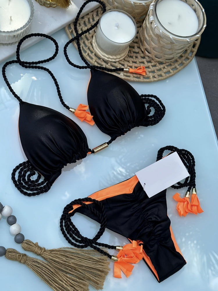 2025 new solid color fabric rope bikini triangle swimsuit Amazon European and American swimsuit in stock