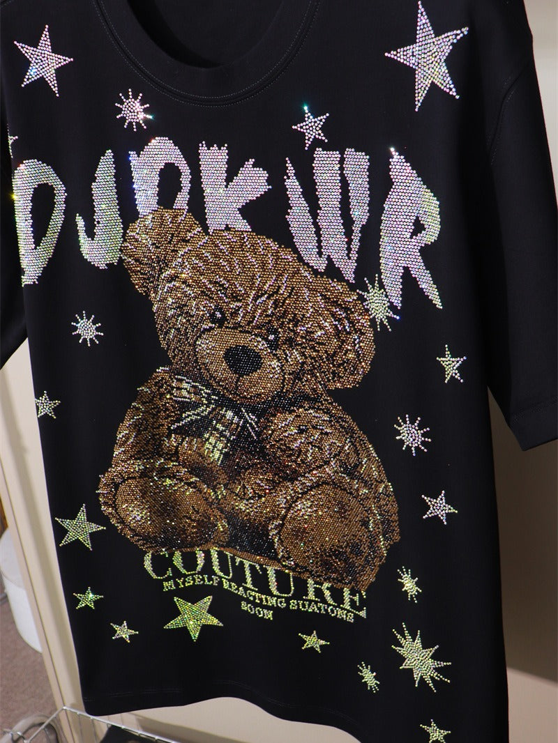 170kg T-Shirt with Rhinestone Letters and Cartoon Bear Design, Wide Short Sleeves, Plus Size 9XL for Big and Tall Individuals