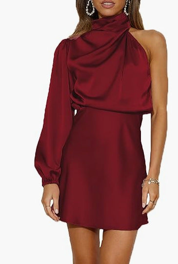 Spring 2024 Women's Satin Shoulder Long Sleeve Mini Skirt Silk Long Sleeve Crewneck Cocktail Skirt