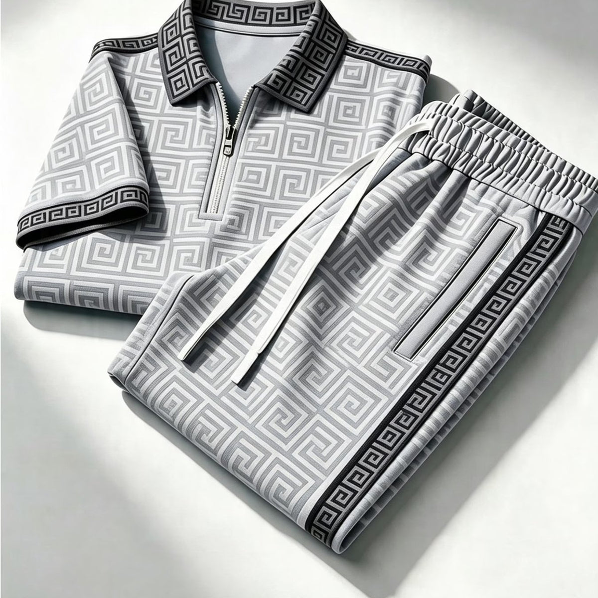 Cross-Border 2026 Trendy Brand Summer New European and American Fashion Casual Zip-Up Polo Shirt Short-Sleeve Long Pants Set for Men