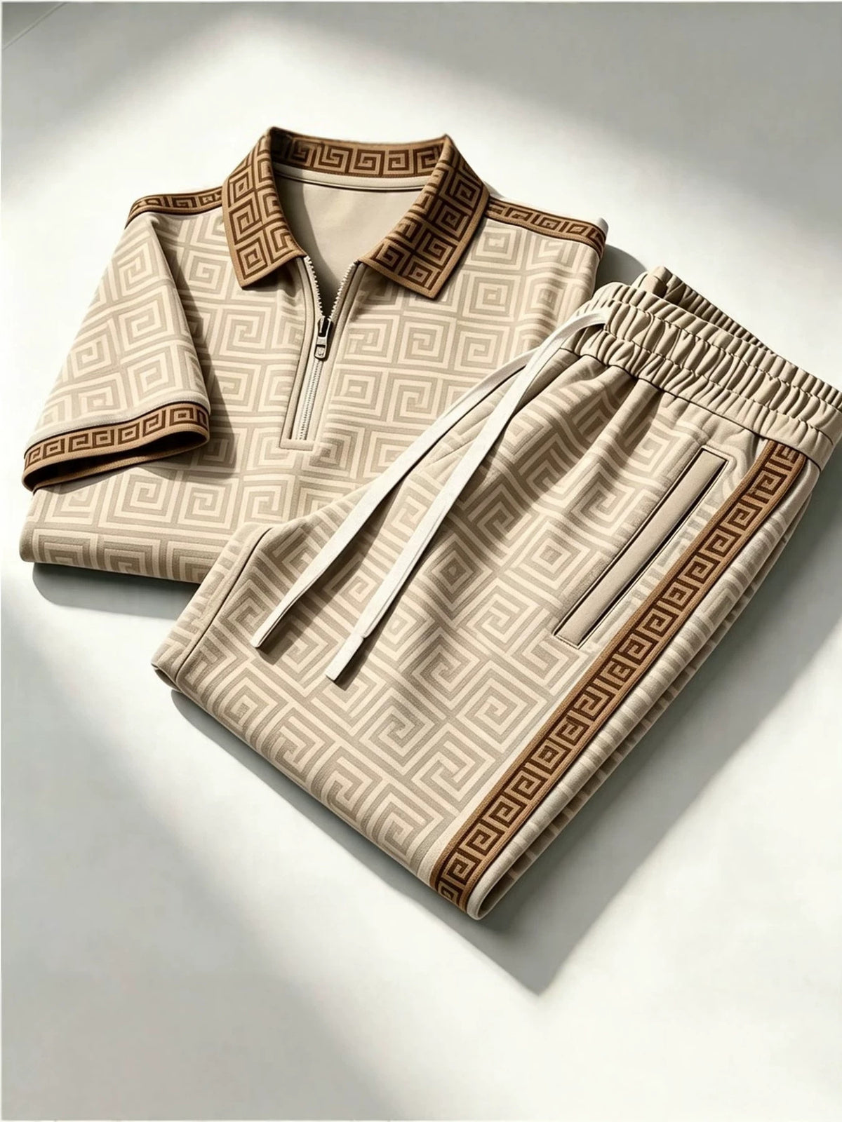 Cross-Border 2026 Trendy Brand Summer New European and American Fashion Casual Zip-Up Polo Shirt Short-Sleeve Long Pants Set for Men