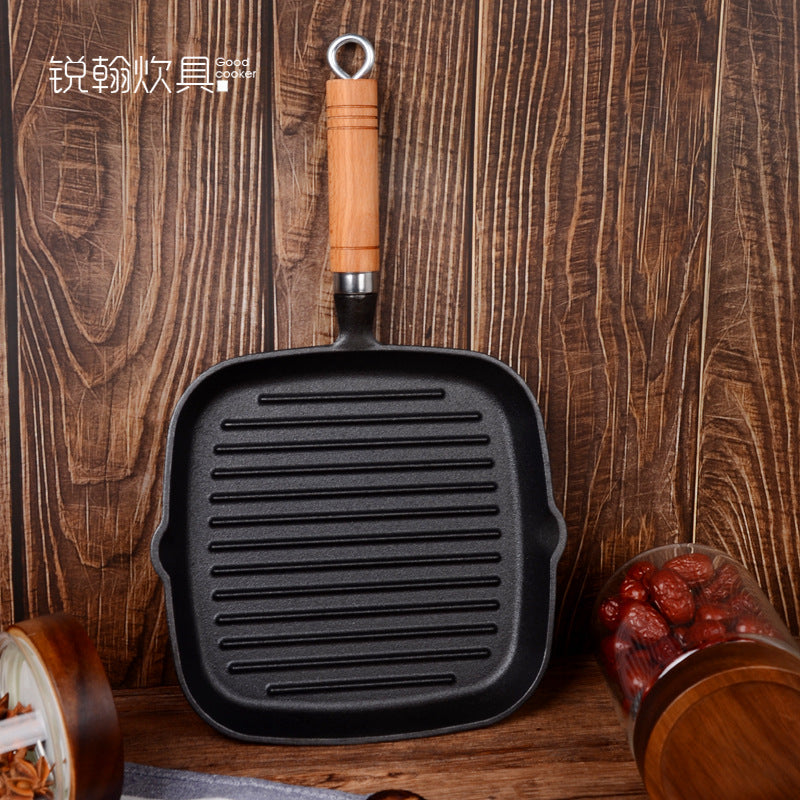 Cast Iron Steak Frying Pan Pot Iron Striped Baking Pan Steak Frying Pan Uncoated Thickened Pan Factory Direct Wholesale