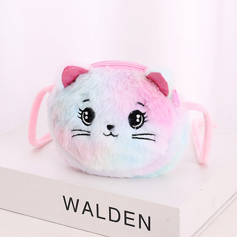 Children's Cat Plush Crossbody Bag Girl's Heart Cute All-match Cartoon Shoulder Crossbody Bag Double Zipper Coin Purse