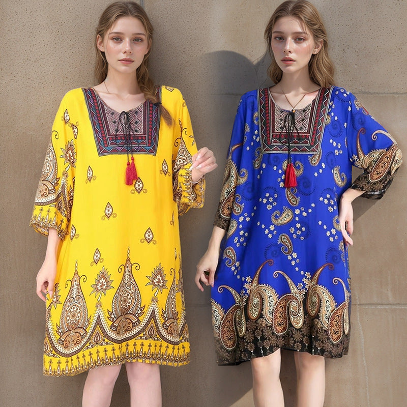 Summer Cross-Border Women's Cotton Silk Floral Dress Women's Ethnic Style Skirt Retro Thai Style Mother's Dress Women's Skirt