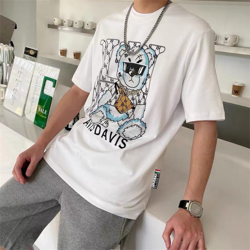 Xs-9Xlpp Printed Rhinestone H Bear Cartoon Short-Sleeve T-Shirt for Big and Tall Individuals, Casual Round Neck, Breathable, Trendy, Lightweight Style