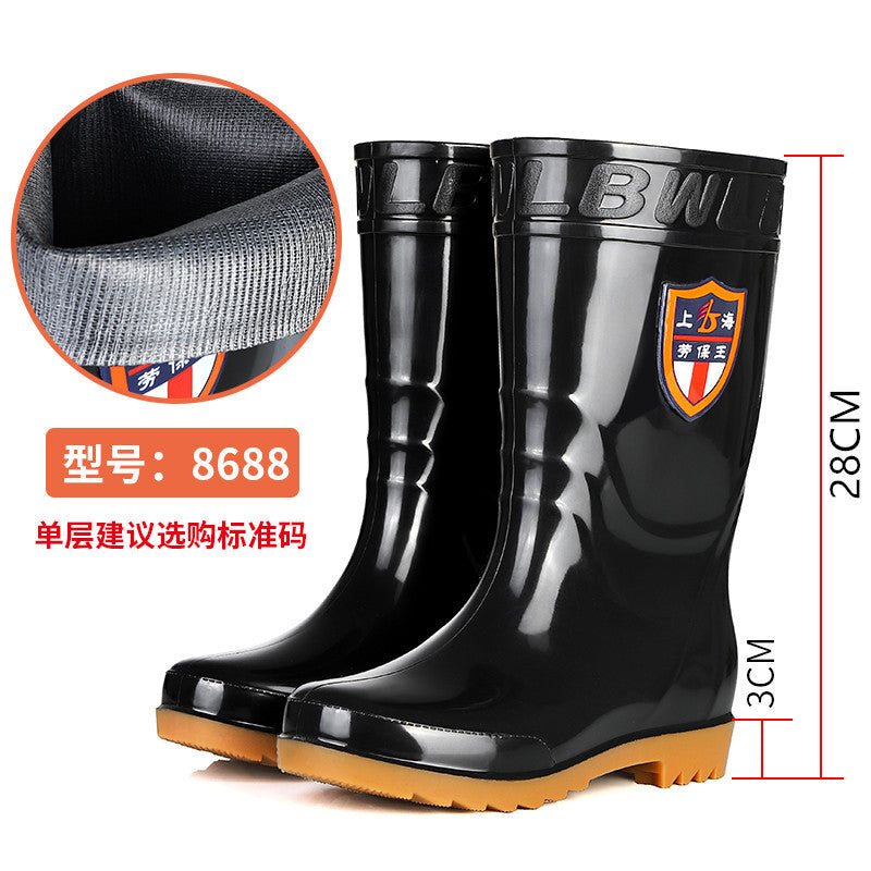 Black High-Top Rain Boots for Men, Tendon Sole, Non-Slip, Wear-Resistant Water Shoes, Mid-Top Overshoes, Construction Site Labor Warm Rain Boots, Waterproof Boots